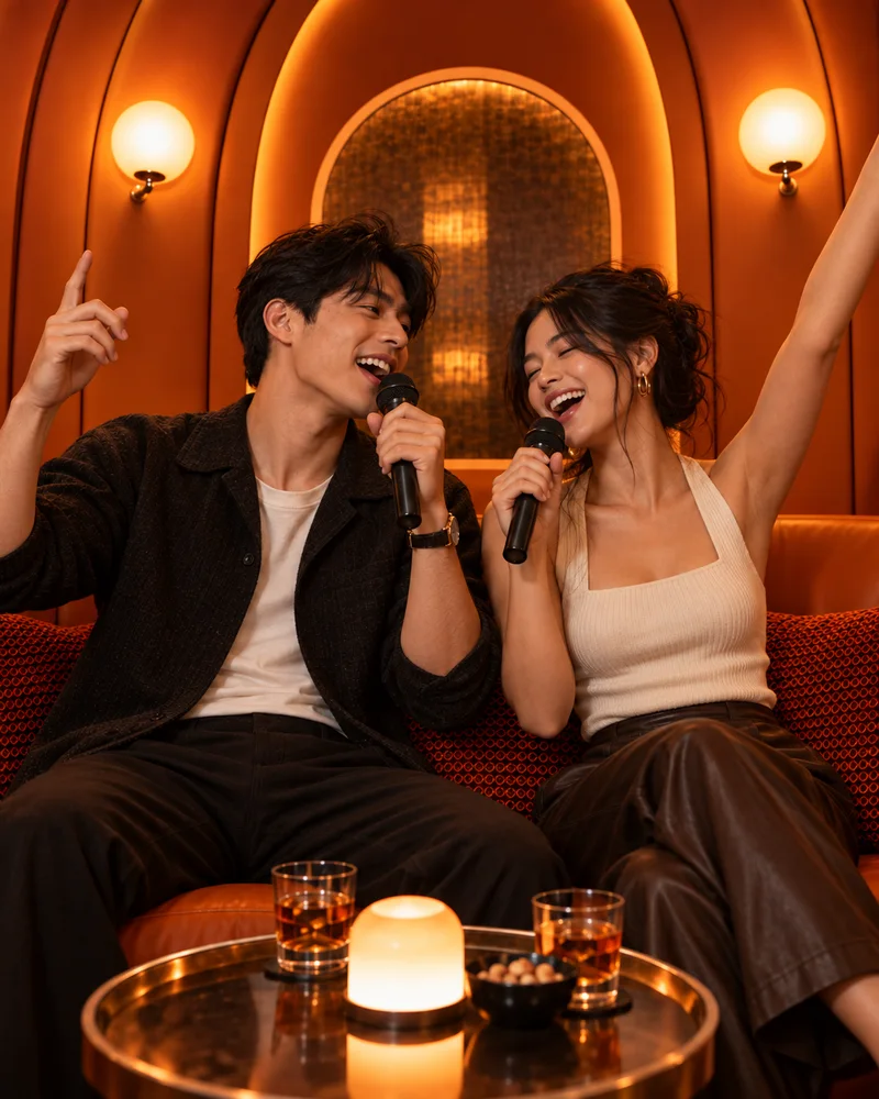 A couple in a vertical Hotel Lobby AI orange-booth duet