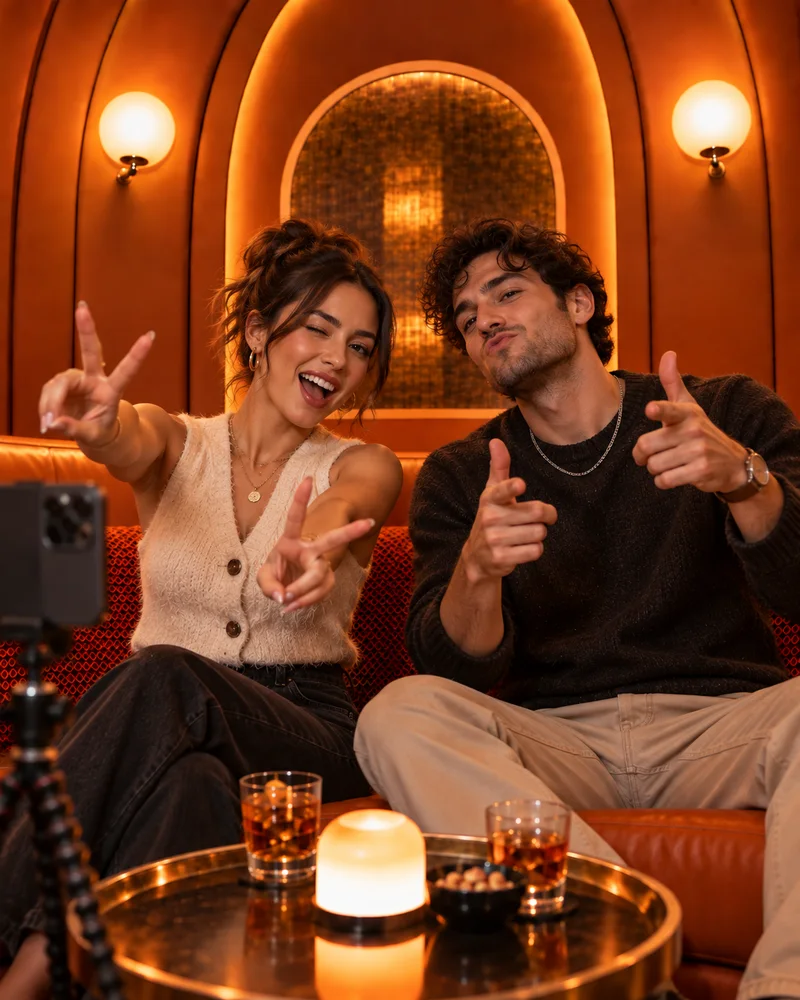 Two people in a fixed orange booth demonstrating stable Hotel Lobby AI character roles