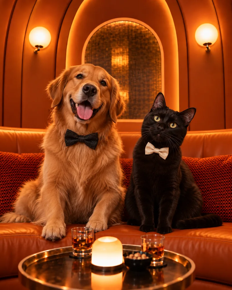 Ein Golden Retriever und eine schwarze Katze mit Fliegen in einer orangefarbenen Sitznische