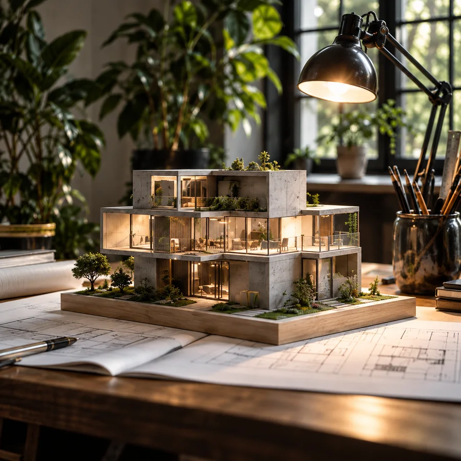 Ein Architekturmodell auf einem sonnigen Studiotisch