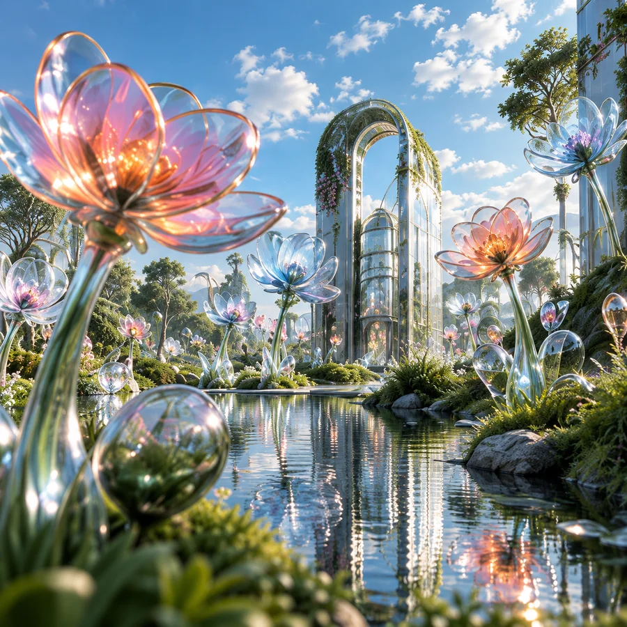 Ein Garten aus durchscheinenden Glasblumen