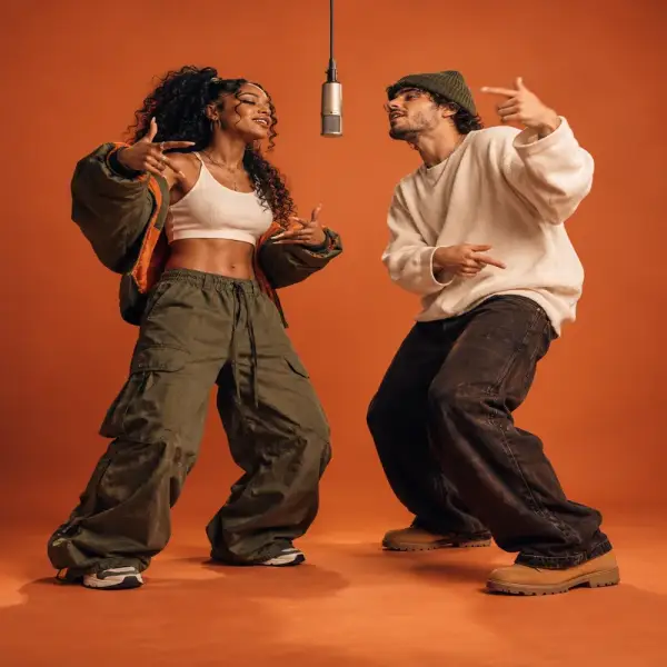 Dois amigos apresentando um dueto de rap em um estúdio laranja