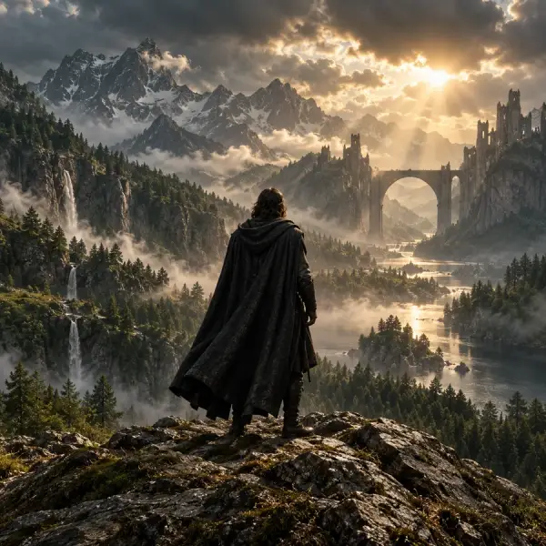 Cena cinematográfica de um viajante contemplando uma paisagem