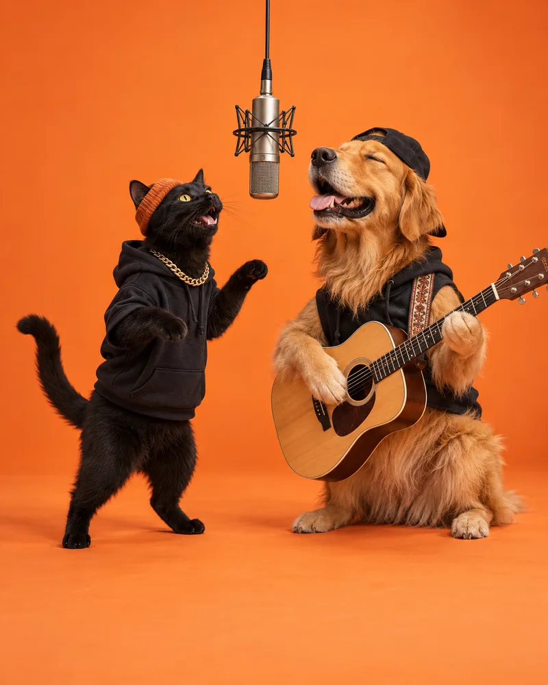 A cat and dog in a Migos AI video generator orange booth